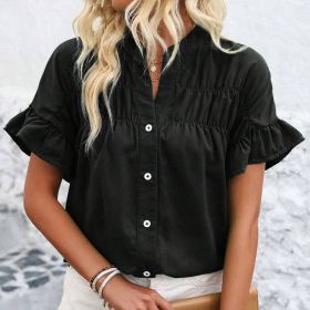 Womens Summer Ruffle Short Sleeve Button Down Shirts Dressy Casual V Neck Business Work Blouses (Option: Black-S)