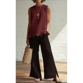 Linen-Style Round Neck Scallop Hem Sleeveless Top (Option: Red-XXXL)