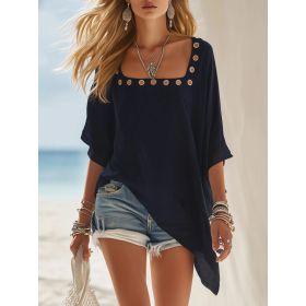 2026 Dark Blue Bohemian Beachwear Round-neck Pullover Shirt (Option: Dark Blue-L)
