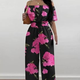 Ladies' One Shoulder Floral Print Waist Cinching Off Shoulder Sexy Fashion Jumpsuit (Option: Pink-XL)