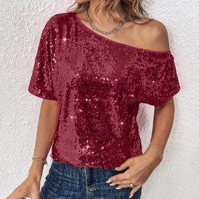 Womens Casual Solid-Color Loose Off-Shoulder Sequin T-Shirt (Option: Purplish Red-S)