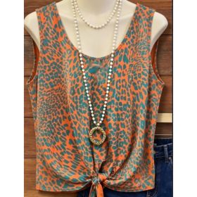 Orange & Teal Leopard Print Sleeveless Knotted Tank Top (Option: Orange-M)