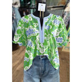 European And American Womens V-neck Ruffled-sleeve Short Sleeve (Option: Green-M)