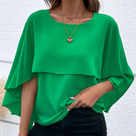 Women's Summer Chiffon Blouses Casual Scoop Neck Cape Sleeve Tunic Tops Shirts (Option: Green-S)