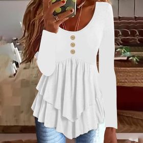 Womens Casual Long Sleeve T-Shirt Solid Color Round Neck Layered Button Front Tunic Tops (Option: White-S)