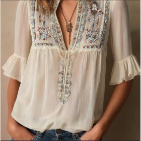 Floral Embroidery Shirts Women's V-neck Mid-sleeve Chiffon Blouse Casual Daily Office Clothing (Option: White-XL)
