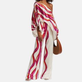 Summer Women's Clothing Printed Round Neck Loose Batwing Sleeve Waist Wide Leg Pants Fashion Casual Set (Option: Rose Red-S)