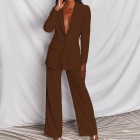 2pcs Casual Suit Lapel Button-down Blazer Jacket And Straight-leg Pants Office Commuting Business Trousers Set Clothing (Option: Brown-XS)