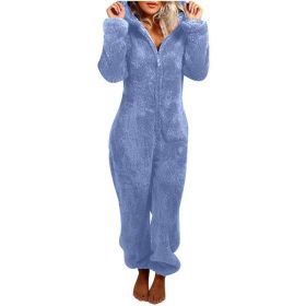 European And American Autumn Winter Women's Wear Fleece-lined Thick Furry Jumpsuit Hooded Cat Ear Pajamas (Option: Sea Blue-S)