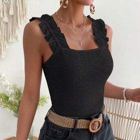 Womens Sleeveless Tank Tops Ruffle Strap Square Neck Eyelet Blouse Slim Fit (Option: Black-XS)