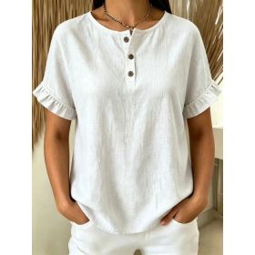 Womens Cotton-Linen Ruffle-Trimmed Button-Up Short-Sleeve Top (Option: White-M)