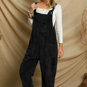 Women's Corduroy Solid Color Casual Long Jumpsuit Basic Style Pocket Strap Adjustable Overalls (Option: Black-S)