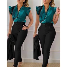 Printed Ruffle Sleeve Top Solid Color Pants Suit With Belt (Option: Peacock Green-XXL)