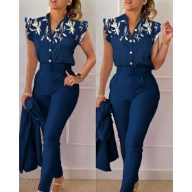 Printed Ruffle Sleeve Top Solid Color Pants Suit With Belt (Option: Dark Blue-XXL)