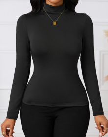Ladies' Fashionable And Elegant Temperament Versatile Autumn And Winter Style Solid Color Base T-shirt Top (Option: Black-L)