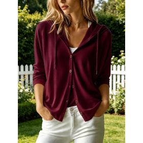 Fashion Women's Solid Color Hooded Long Sleeve Button Down Loose Cardigan (Option: Red-S)
