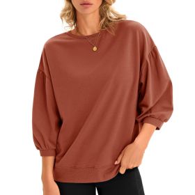 Fisoew Womens Puff Sleeve Sweatshirts Casual Crewneck Sleeve Loose Fit Fall Pullover Tops (Option: Brown-M)