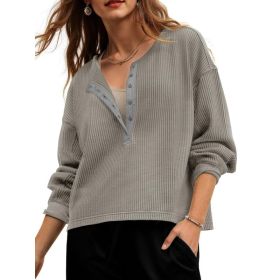 Fisoew Womens Cropped Sweatshirt Casual Waffle Knit Button V Neck Long Sleeve Loose Fit Fall Crop Tops (Option: Light Grey-XL)