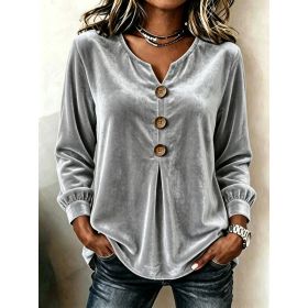Elegant V-neck Buttoned Long-sleeve Velvet Blouse For Women (Option: Gray-S)
