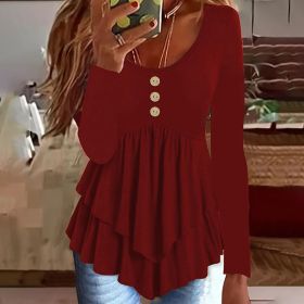 Womens Casual Long Sleeve T-Shirt Solid Color Round Neck Layered Button Front Tunic Tops (Option: Wine Red-S)