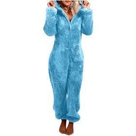 European And American Autumn Winter Women's Wear Fleece-lined Thick Furry Jumpsuit Hooded Cat Ear Pajamas (Option: Lake blue-S)