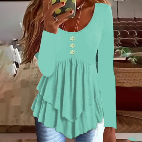 Womens Casual Long Sleeve T-Shirt Solid Color Round Neck Layered Button Front Tunic Tops (Option: Green-XL)