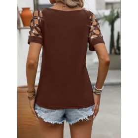Womens Chain Hollow-out Hot-studded Short-sleeve Top (Option: Brown-S)