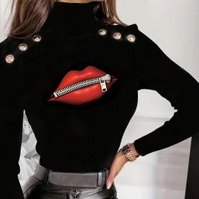 Ladies' Fashionable Casual Rivet Button Design Sexy Big Lip Printed T-shirt Long Sleeved (Option: Black-XXL)