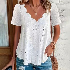 Womens Summer Scallop Trim V Neck Eyelet T-Shirt Short Sleeve Top Dressy Casual Tunic Blouses (Option: White-2XL)