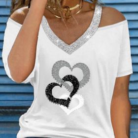 Ladies' New Holiday Love Printed Sequin Splicing Off Shoulder Casual Style T-shirt (Option: White-S)