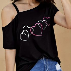 Ladies' Fashion Asymmetrical Neck Heart-shaped Printed Top Casual Pullover Slanted Shoulder Collar Shirt (Option: Black-S)