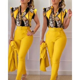 Printed Ruffle Sleeve Top Solid Color Pants Suit With Belt (Option: Yellow leopard pattern-XXL)