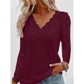 Fashionable Long-sleeved Lace-panel Hollow-out Top (Option: Wine Red-S)