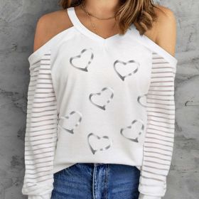 Women's V-neck Long Sleeved Off Shoulder Shirt With Heart Print T-shirt (Option: White-S)
