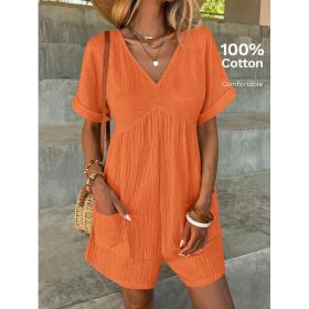 Batwing Sleeve Pocket Patched Romper (Option: Orange-S)