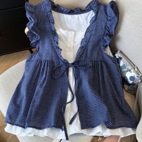 Ruffle-trimmed Age-reducing Loose-fit Puff-sleeve Doll Shirt (Option: Navy Blue-L)