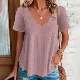 Womens Summer Scallop Trim V Neck Eyelet T-Shirt Short Sleeve Top Dressy Casual Tunic Blouses (Option: Dark Red-2XL)