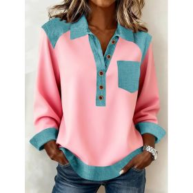 Denim Patchwork Collar Button-down Casual Long-sleeved Top (Option: Pink-2XL)