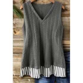 Charcoal Gray Cable Knit Striped Hem V-Neck Tank Top (Option: Charcoal Gray-M)