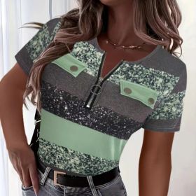 Women's Color Block Zipper T-Shirt, Casual Short Sleeve Summer Top (Option: Gray Green-S)