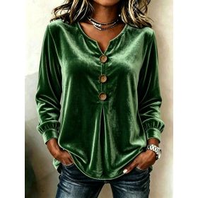 Elegant V-neck Buttoned Long-sleeve Velvet Blouse For Women (Option: Green-S)