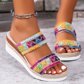 Fashion Wavy Pattern Woven Sandals Summer Casual Ethnic Style Slippers Linen Bottom Wide Strap Wedges Shoes For Women (Option: Colorful-Size43)