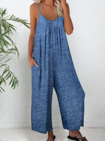 Women's V-neck Solid Color Casual Jumpsuit (Option: Blue-S)