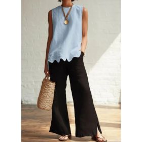 Linen-Style Round Neck Scallop Hem Sleeveless Top (Option: Blue-XXXL)