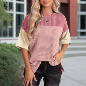 Women's Color Block Casual T-Shirt Short Sleeve Crew Neck Loose T-Shirt Top (Option: Pink-S)