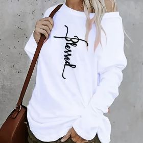 Ladies Off Shoulder Autumn Winter Letter Printed Casual White Long Sleeved T-shirt Top (Option: White-S)