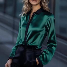 Women's Satin Color-Block Long-Sleeve Shirt Top (Option: Green-S)