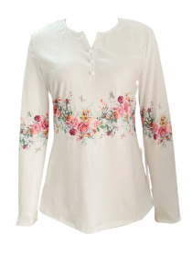 Spring And Autumn New Style White Buttoned Rose Print Long Sleeve T-shirt Casual Top (Option: L)