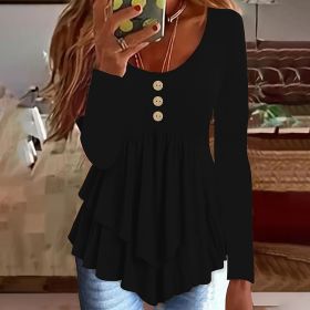 Womens Casual Long Sleeve T-Shirt Solid Color Round Neck Layered Button Front Tunic Tops (Option: Black-S)