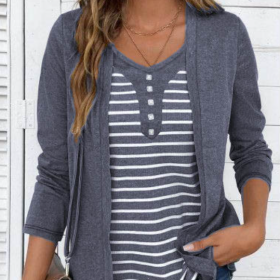 Women's Striped V-neck Fake Two-piece Design Long Sleeved Versatile T-shirt Top (Option: Grey-S)